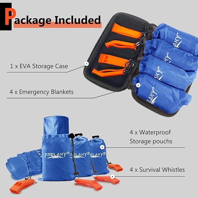 Frelaxy Emergency Blanket 2-Pack/4-Pack, Extra-Thick Extra-Large Space Blankets with Whistles