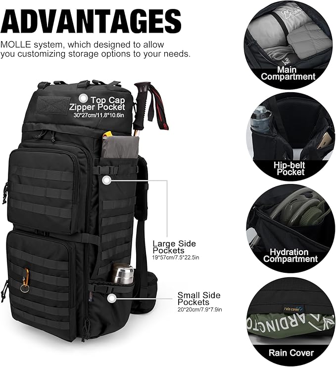 Mardingtop 75L Molle Hiking Internal Frame Backpacks with Rain Cover for