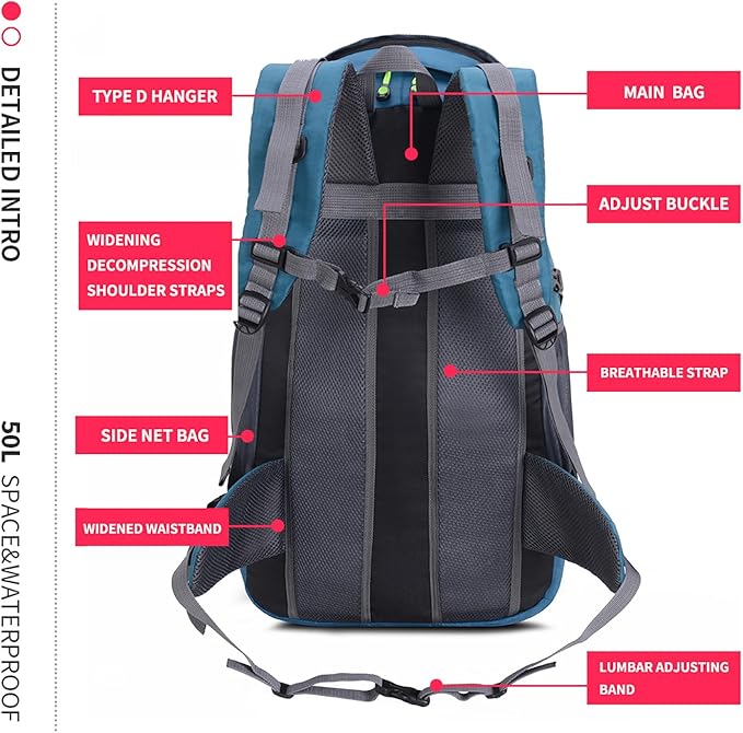 Bseash 50L Hiking Backpack, Water Resistant Lightweight Outdoor Sport Daypack Travel Bag for