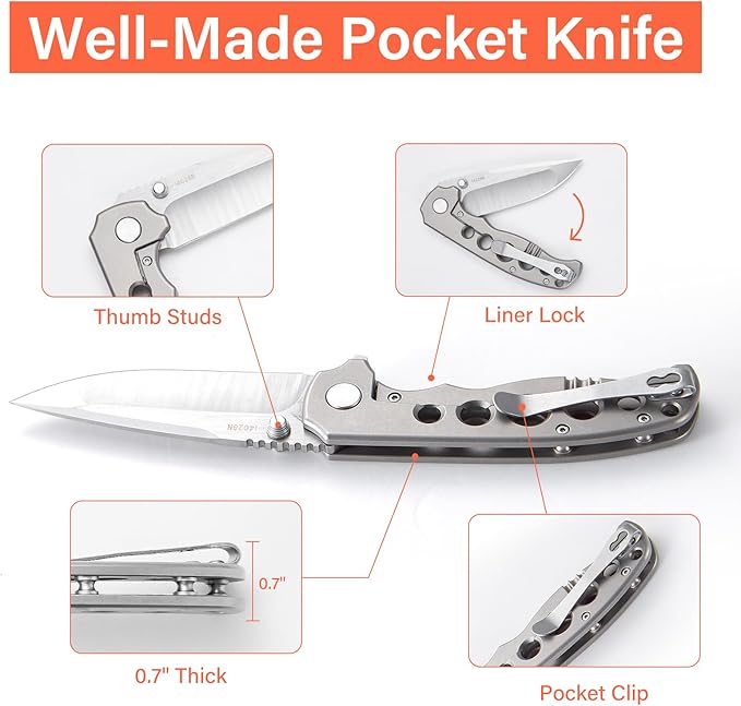 Men's Folding Pocket Knife – 3.4" Sandvik 14C28N Blade CNC Titanium Handle Ceramic Bearings, Liner