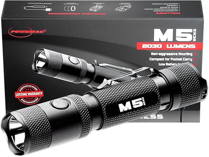 PowerTac M5-G3 2030 Lumens Rechargeable Tactical Flashlight, 330M Throw with Magnetic Charging and