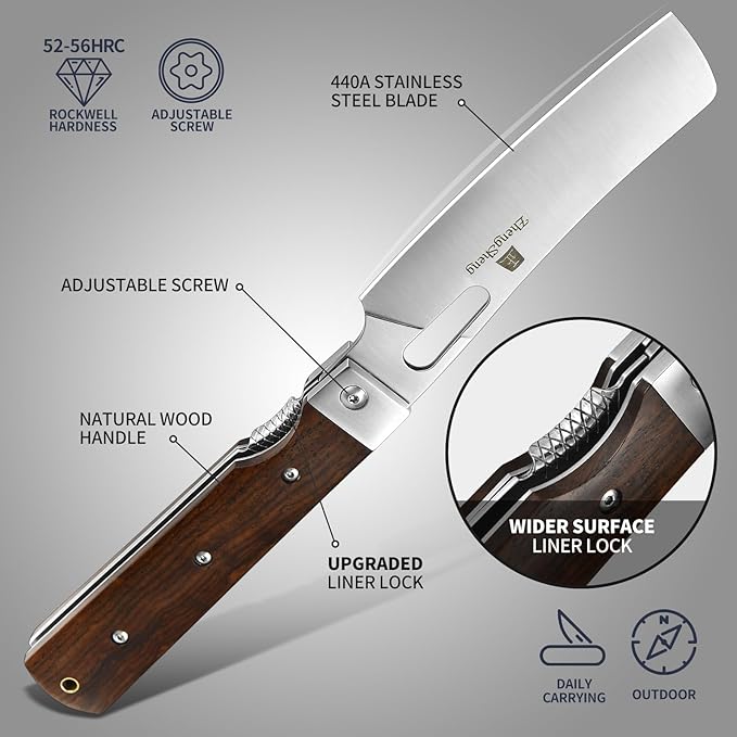 Folding Chef Knife with Leather Pouch 4.8" Sharp 440A Stainless Steel Blade Wooden Handle Pocket