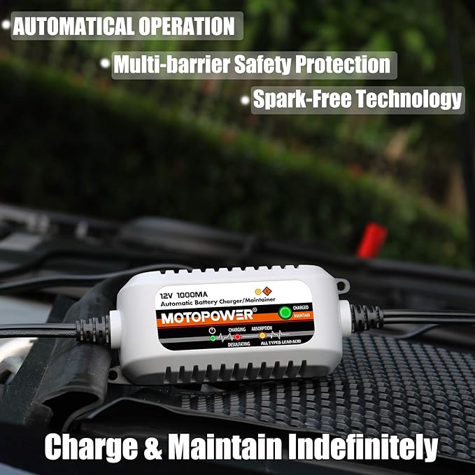 MOTOPOWER MP00205B 12V 1000mA Automatic Battery Charger, Battery Maintainer, Trickle Charger, and