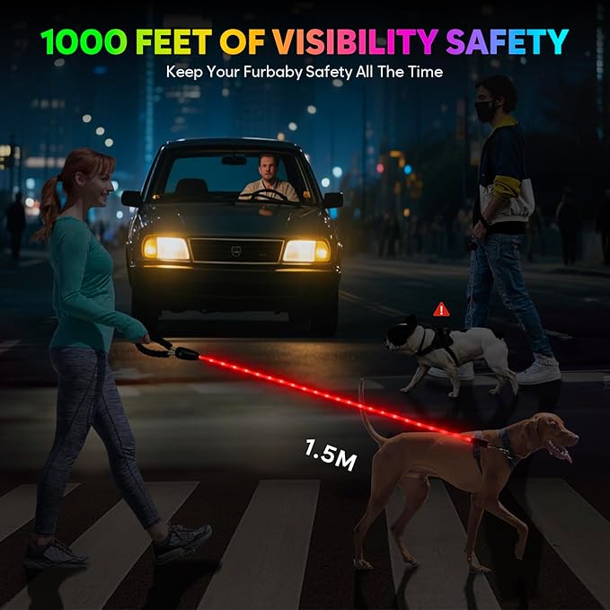 YFbrite Waterproof Light up Dog Leash with 15 Flashing Modes - Super Bright LED Dog Leash for Small