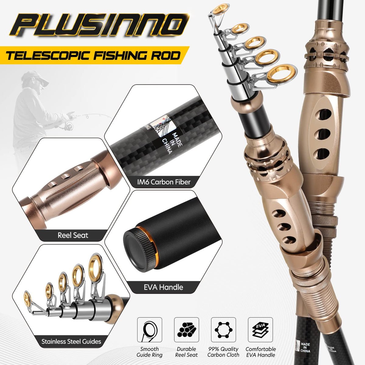 PLUSINNO Spinning Rod and Reel Combos Telescopic Fishing Rod Pole with Reel Line Lures Hooks