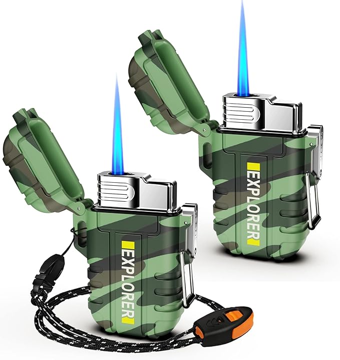 Torch Lighter, 2 Pack Butane Lighter, Windproof Outdoor Gas Lighter Adjustable Jet Flame Lighters