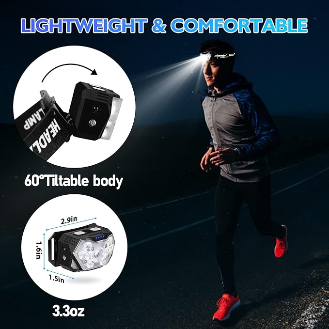 Lsnisni 9 LED Rechargeable Headlamp 2 Pack, 2000 Lumen Super Bright 10 Modes Motion Sensor Head