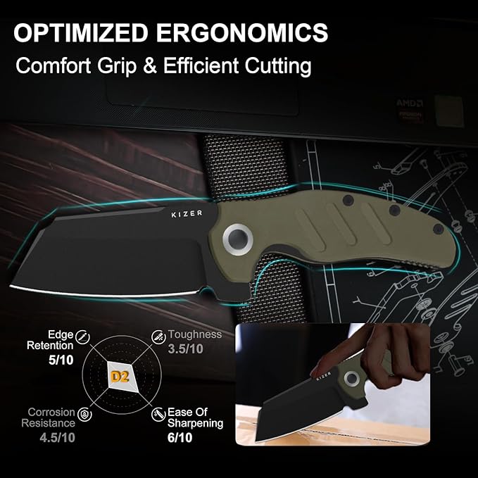 Kizer C01C XL Sheepdog Pocket Knife, 3.9" D2 Sheepsfoot Blade EDC Folding Knife with Green G10