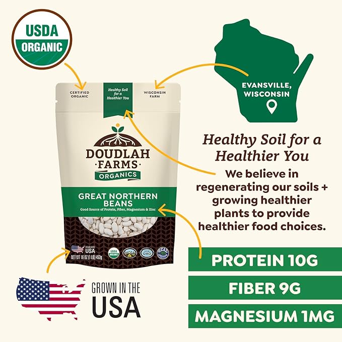 Organic Great Northern Beans 1lb Bulk by Doudlah Farms - Farmed From Regenerative Soil - Tested