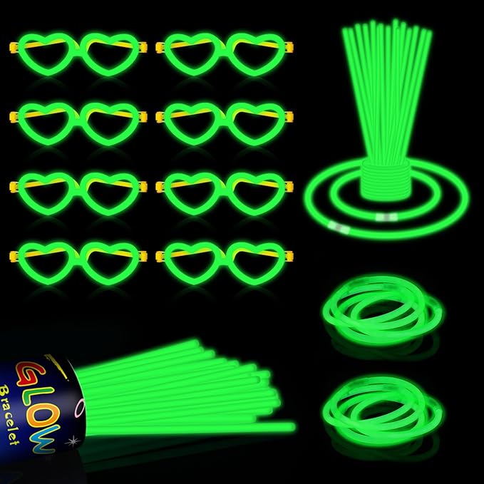 60 Pack 8??Green Glow Sticks Bulk Bright Glow Sticks with 60 Connectors 20 Heart Glasses Glow In
