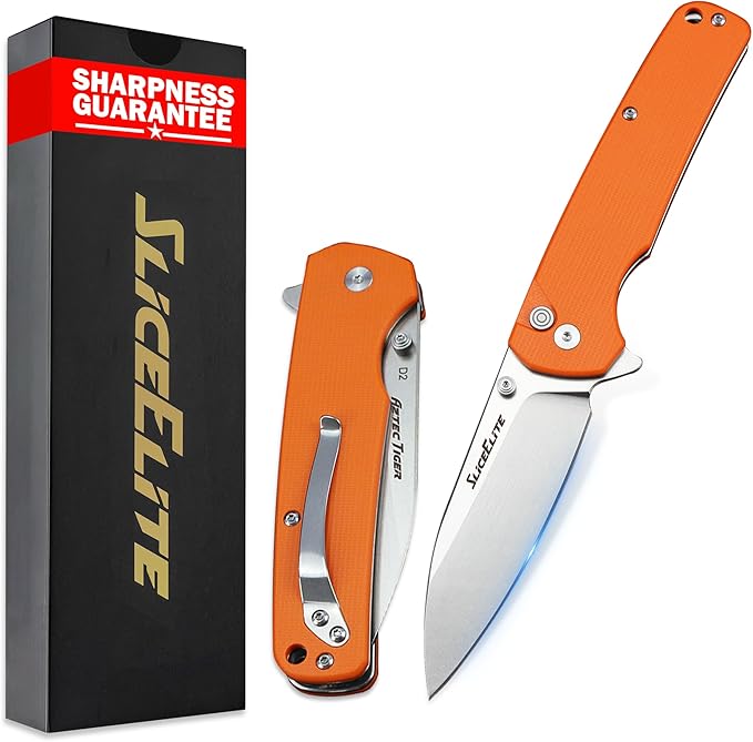 SliceElite 3.6-Inch Aztec Tiger Folding Knife | Pocket Knife with Orange G10 Composite Handle, D2