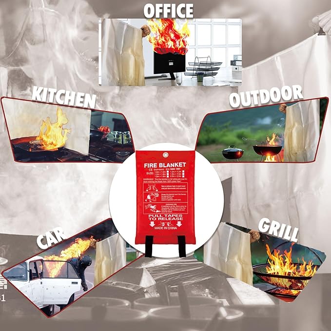MDH Fire Blanket 40x40 inches Fiberglass w/Gloves Hooks Whistle - Fireproof Safety for Home Kitchen