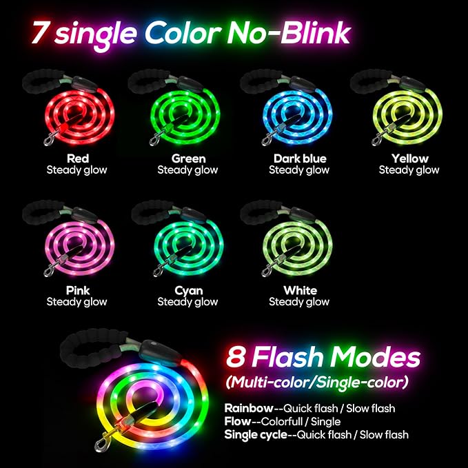 Colaseeme Light Up Dog Leash, LED Pet Leashes USB Rechargeable, Glow Safety Dogs Lights at Night