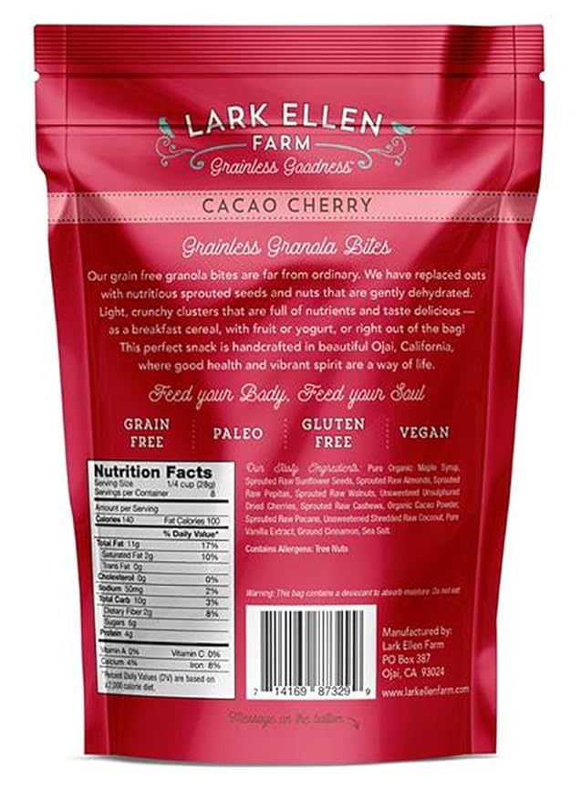 Lark Ellen Farm Cacao Cherry Grain-Free Granola Clusters, Organic Vegan Nut and Seed Mix