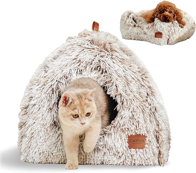 CATISM Cat Bed, Cat Cave for Indoor Cats, Soft Cat Dome, Self-Warming 2 in 1 Foldable Pet Cat House