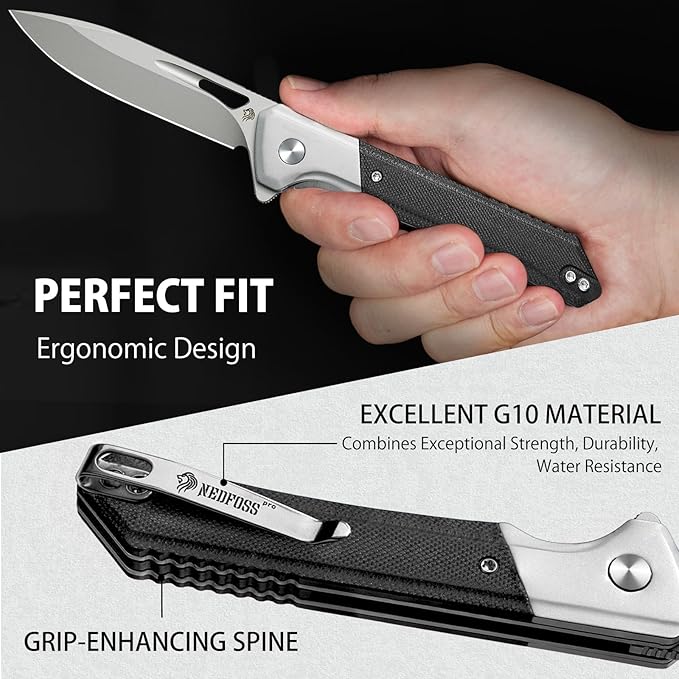 NedFoss ELF Pocket Knife, 3.3" D2 Blade EDC Knife with G10 Handle, Flipper Open, Deep Carry Pocket