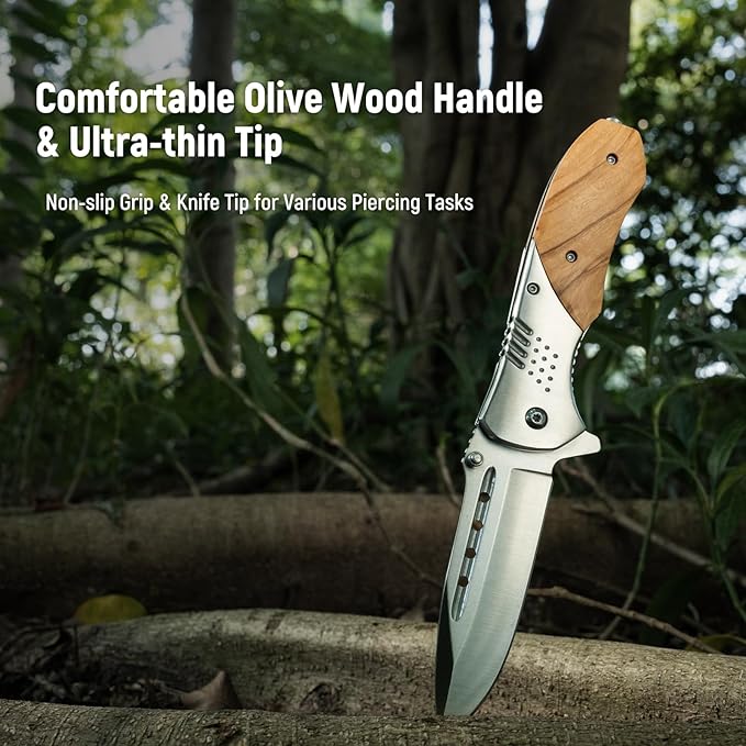 Folding Pocket Knife - 3.46" Sharp Blade Olive Wood Handle Pocket Knives with Clip, Glass Breaker