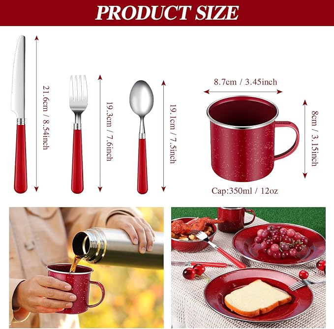 Nuogo 12 Pcs Enamel Camping Tableware Set Dinnerware Kit Includes 12 oz Coffee Mugs Camping Plates