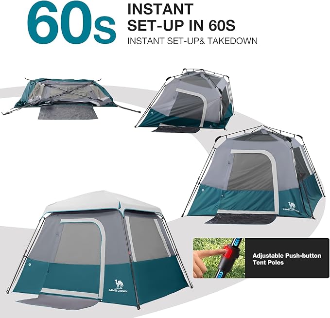 Camping Tents 4/6 Person Pop Up Instant Tent - Setup in 60s for Family Camping, Windproof Design