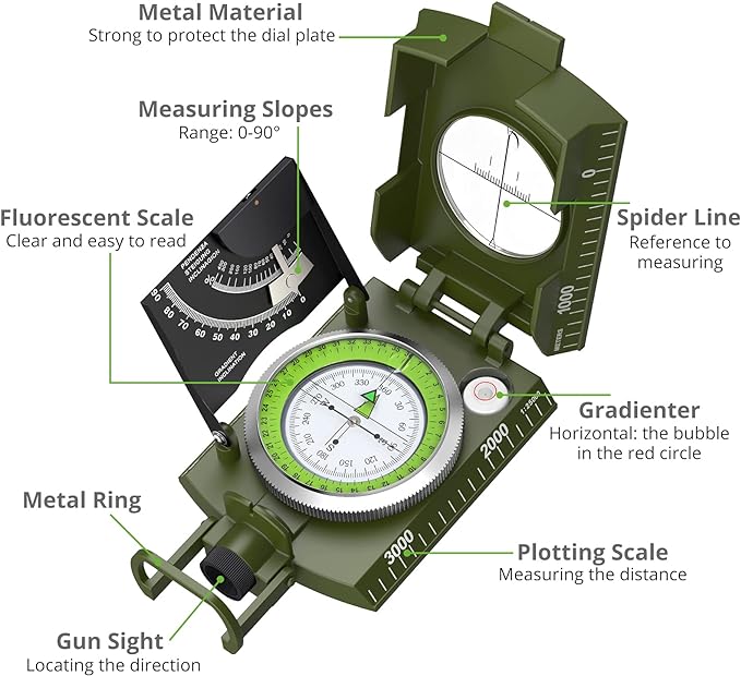 Proster IP65 Compass Hiking Survival - Lensatic Sighting Compass for Camping Navigation, Compass