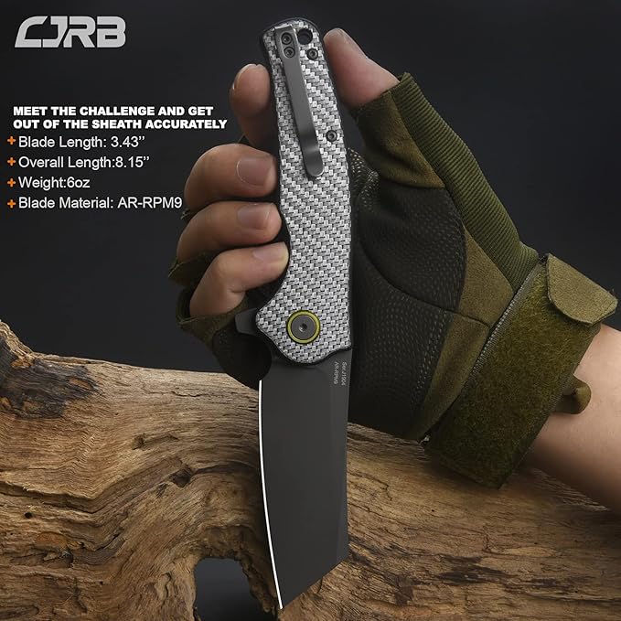CJRB Crag Folding Pocket Knife, 3.43" AR-RPM9 Steel Blade Carbon Fiber Handle EDC Knife with Pocket
