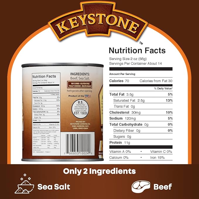 Keystone Meats All Natural Heat and Serve Ground Beef 28 oz – Fully Cooked Canned Meat – Ready to
