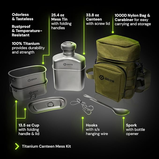 GRITR Titanium Canteen Mess Kit | Compact Portable Camping Open Fire Cookware Set for Backpacking