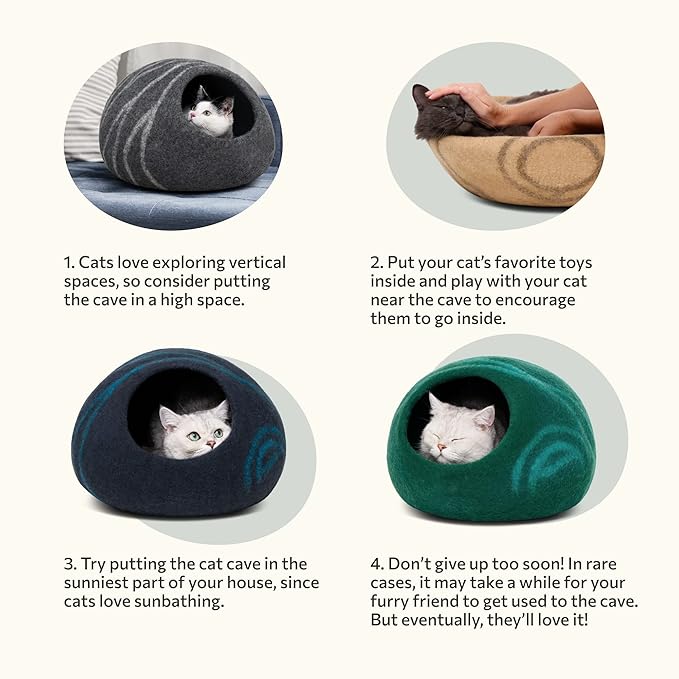 MEOWFIA Cat Cave ??Premium Felt Cat Bed for Indoor Cats, Handmade 100% Merino Wool (Large, Emerald)