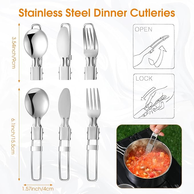 15 Pcs Camping Cookware Mess Kit Outdoor Cooking Set Stainless Steel with Pot and Pan Kit 2 Set