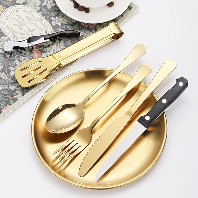 Picnic Dishes Utensils Gold Camping Flatware Set for 4 Portable Tableware Plates Silverware Forks