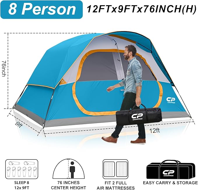 CAMPROS CP Tent 8 Person Camping Tents, Waterproof Windproof Family Tent with Top Rainfly, Large