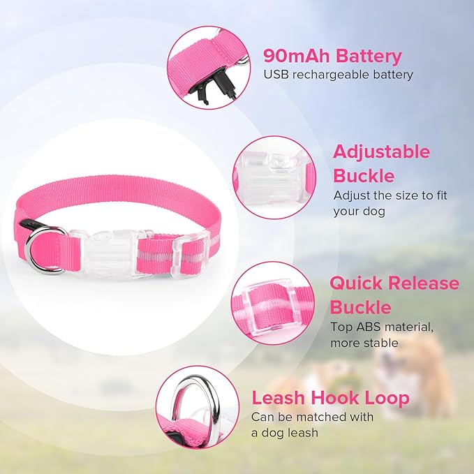 Light Up Dog Collar, Adjustable USB Rechargeable Glow in Dark Dog Collar ，Waterproof Dog Collars