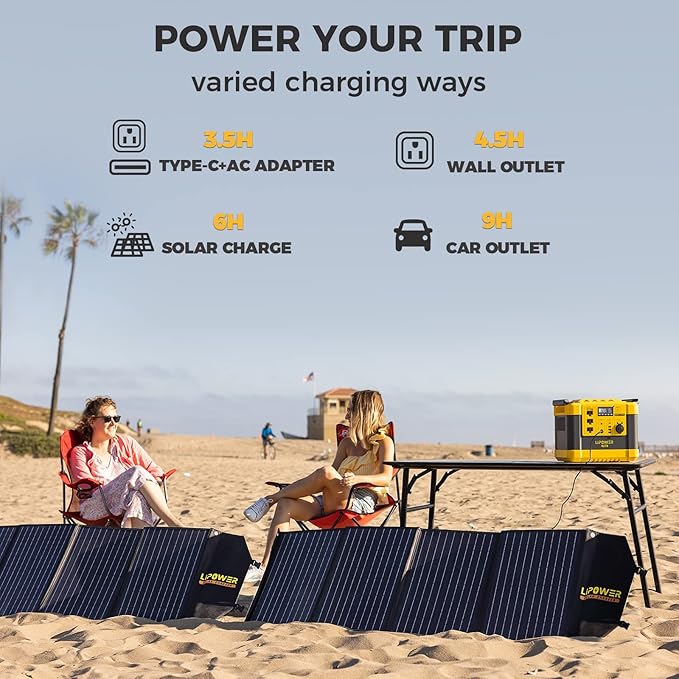 Lipower Solar Generator, 1120Wh Power Station 3 * 1000W AC Outlets(2000W peak), 60W USB-C Output