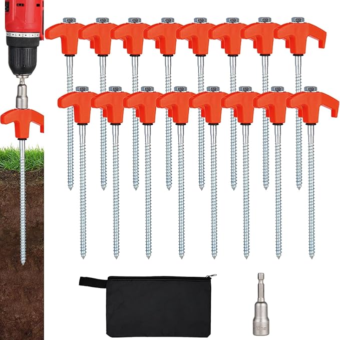16 Pack Screw in Tent Stakes Heavy Duty,8 Inch Ground Anchors Screw in,Metal Stakes with Hex Head
