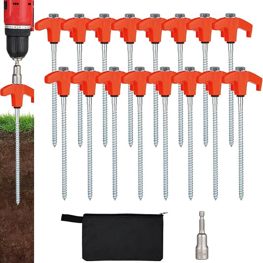 16 Pack Screw in Tent Stakes Heavy Duty,8 Inch Ground Anchors Screw in,Metal Stakes with Hex Head