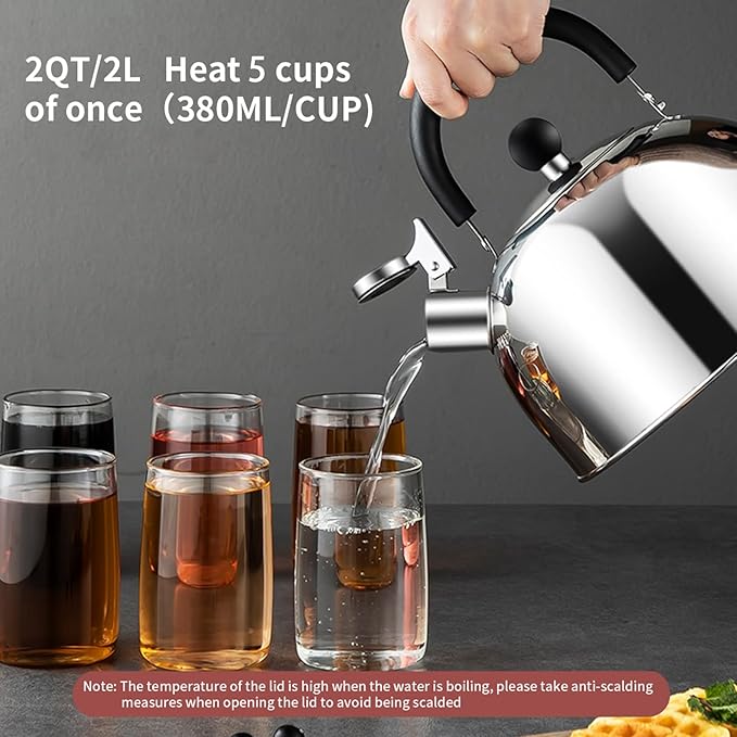 304 Stainless Steel Whistling Tea Kettle 2.1 Quart/2L, Suitable to Boiling Water & Tea on Induction