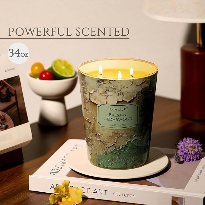 HomeLights Balsam Cedarwood Scented Candles | 34oz Soy Candles Industrial Chic 3-Wick Large Candle