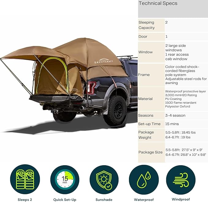 Savvycraft Pickup Truck Tent for Full Size and Mid Size Truck Short Bed and Long Bed, Waterproof