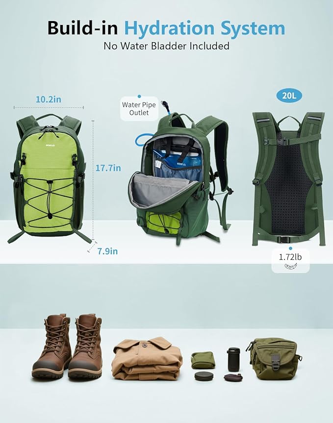 ECOHUB Small Hiking Backpack for Men Women, 20L Lightweight Travel Backpacks Water Resistant