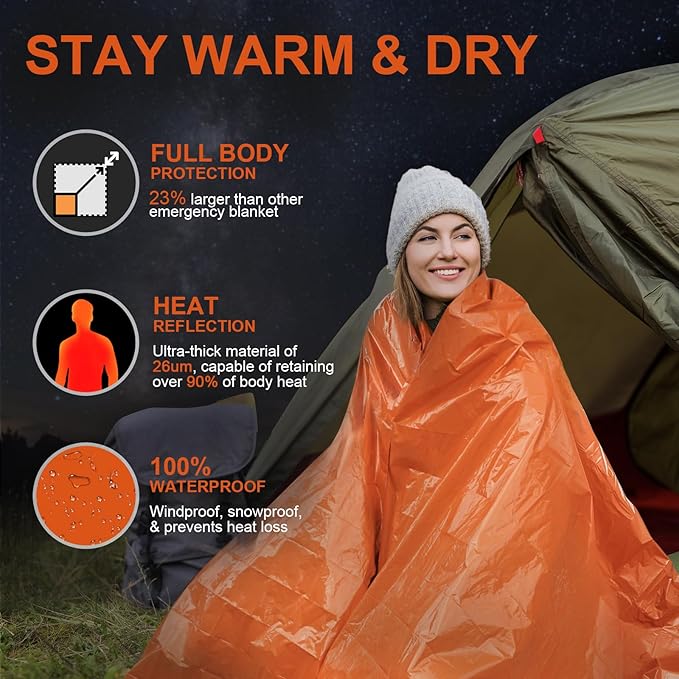 3-Pack Emergency Blanket, Extra-Thick Extra-Large Survival Blanket, Thermal Reflective Emergency