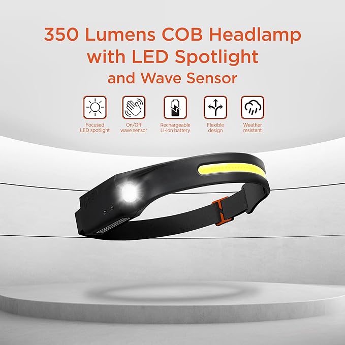 BLACK+DECKER Rechargeable Headlamp with Flashlight & Wave Sensor, 350 Lumens LED 230° Wide Beam