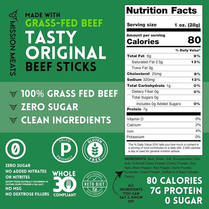 Mission Meats Beef Sticks – 100% Grass Fed & Pasture Raised, Sugar Free, Individually Wrapped