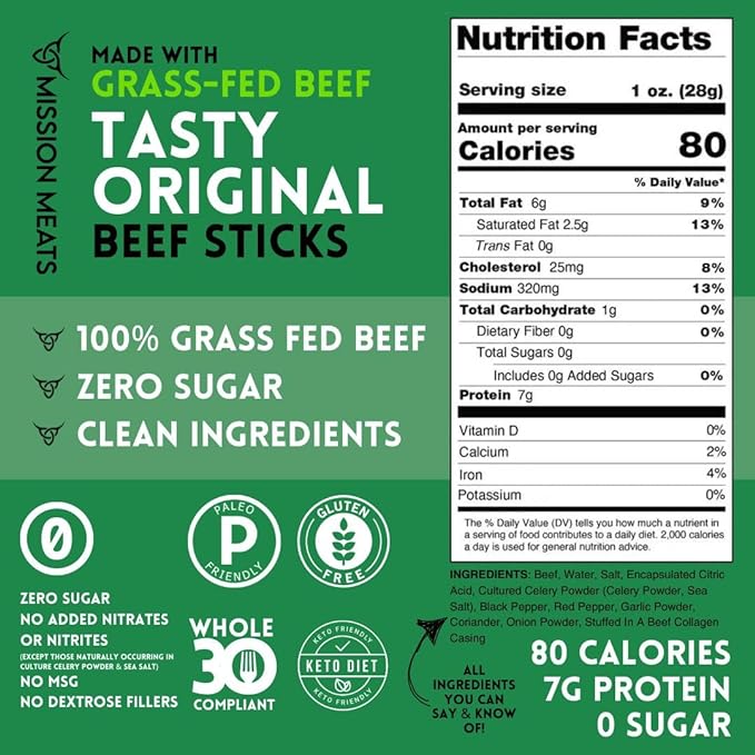 Mission Meats Beef Sticks – 100% Grass Fed & Pasture Raised, Zero Sugar, Gluten Free, Individually