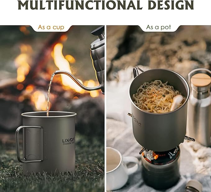Lixada Titanium Pot, Lightweight Camping Pot Titanium Cup Titanium Backpacking Pot with Portable