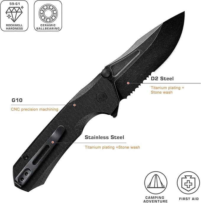 EDC Pocket Knife Rhino,3" D2 Steel Blade Durable G10 Handle, Folding Pocket Knives with Reversible