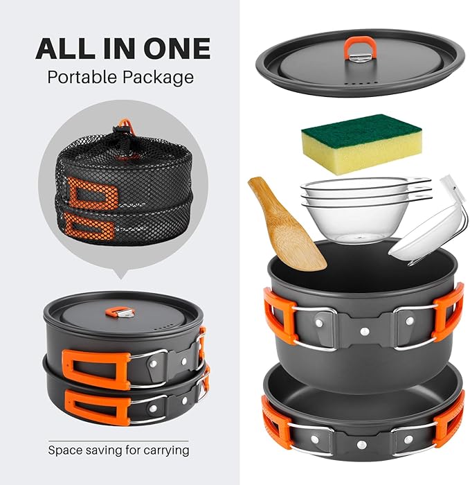 Odoland 9pcs Camping Cookware Non-Stick Lightweight Pots and Pans Set with Plastic Bowls Soup Spoon