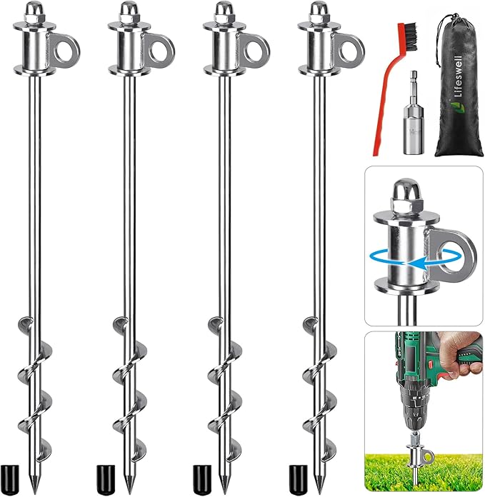 4 Pack Tent Stakes, 16 Inch Heavy Duty Ground Anchors, Full Welding, Easy to Screw in and Reusable