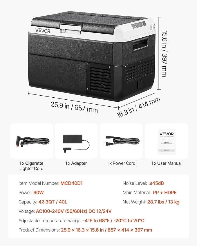 VEVOR 12 Volt Car Refrigerator, 42.3QT/40L Car Fridge, Portable Electric Cooler with -4℉~68℉