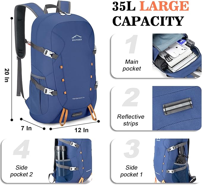 Hiking Backpack,Large 35L Travel Backpacks for Men Women,Water Resistant Ultra Lightweight Foldable