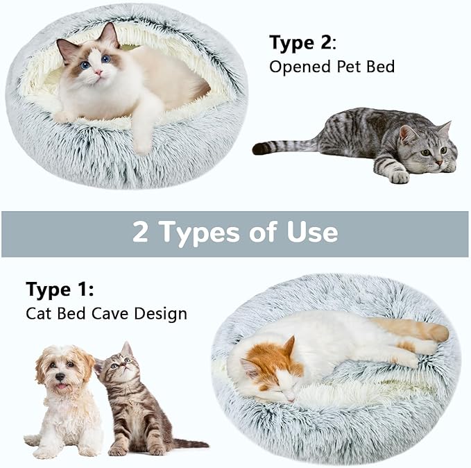 Calming Cat Beds, Fluffy Plush Round Cat Cave Washable, Cozy Warming Anti-Slip Small Dog Bed for